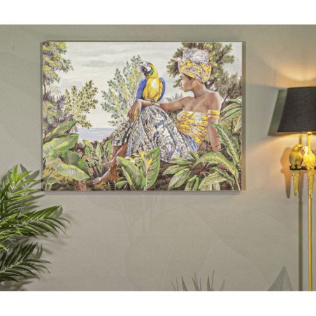 Quadro Donna Africana con Pappagallo 120x90 cm Dipinto Foresta