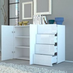 Credenza Bianca Lucida Moderna 2 Ante con Cassetti Madia 130 cm