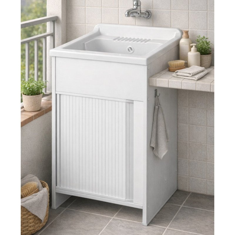 Lavabo 45x50 Resina Piccolo con Mobiletto per Lavanderia Anta Scorrevole