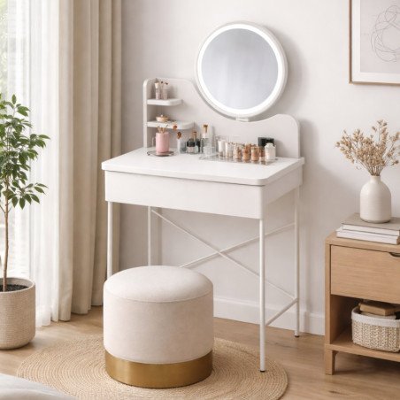 Postazione Trucco Piccola 60 cm Bianca con Specchio e Luci Led