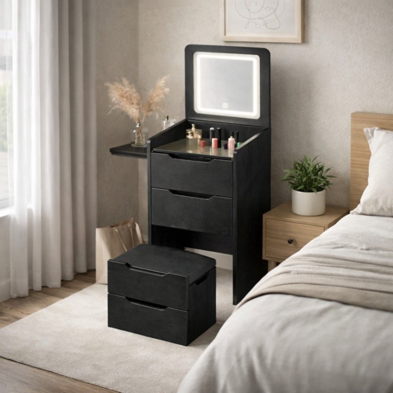 Mobile Toeletta Trucco Nera Cassettiera Porta Trucchi Legno con Specchio e Luci