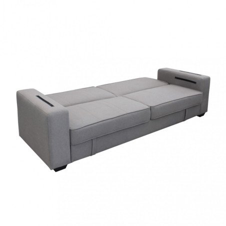 Divano Letto Contenitore 3 Posti con Braccioli in Tessuto Grigio 230 cm